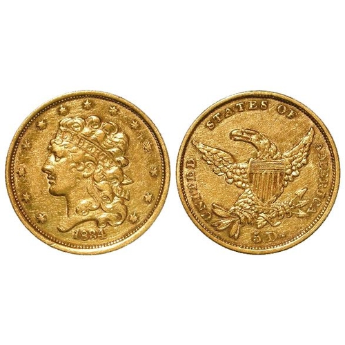 785 - USA Five Dollars 1834 First Head Centre stroke of 8 thick, large knobs to 3's, Plain 4 Breen 6501 GV... 