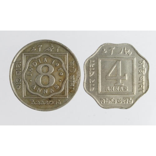 845 - India (2) scarce George V cupro-nickel: 4 Annas 1920 no dot EF, and 8 Annas 1919 no dot toned EF (Da... 