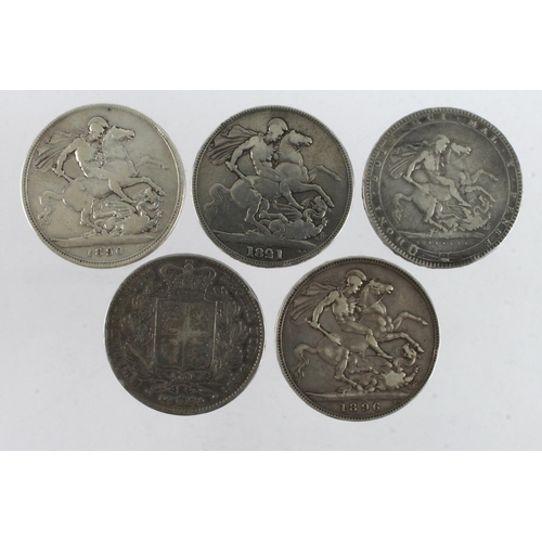 926 - GB Crowns (5): 1819 LX Fine, 1821 Secundo VG, 1844 stars Fine, 1890 VG, and 1896 LX F/GF