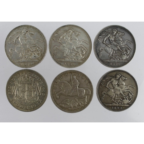 927 - GB Crowns (6) 1890, 1891, 1892, 1898 LXII, 1935 & 1937. GF - GVF (David Fayers Collection)