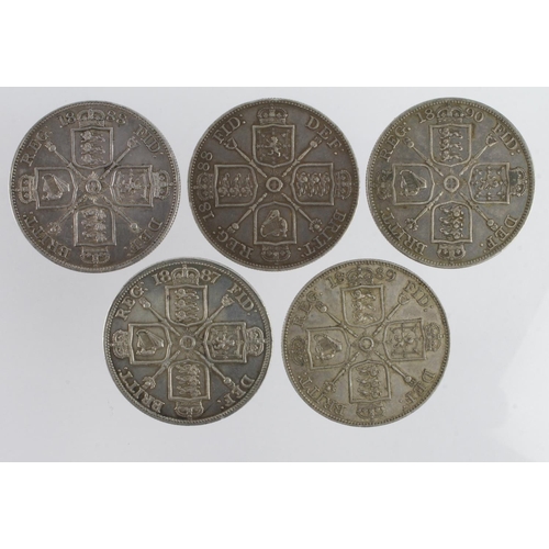 932 - GB Double Florins (5) 1887 (R1), 1888 x2, 1889 & 1890. aVF - GVF (David Fayers Collection)