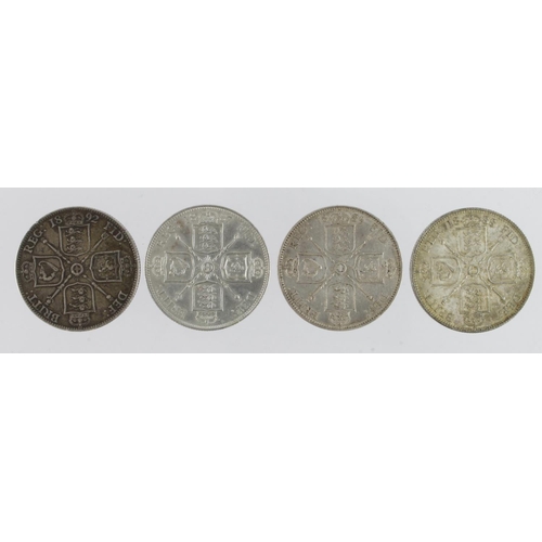 949 - GB Florins (4) QV Jubilee hd.: 1887 lightly cleaned EF, 1888 nEF, 1889 VF, and 1892 GF (David Fayers... 