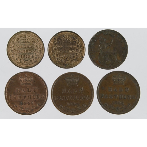 954 - GB Fractional Farthings (6): Half-Farthings: 1843 VF, 1844 x2 GVF & EF; Third-Farthings: 1827 VF-GVF... 