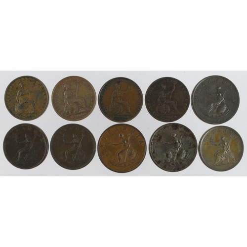 969 - GB Halfpennies (10): 1799 5 incuse gunports GVF, ditto x2 VF and patchy VF, 1806 no berries toned EF... 