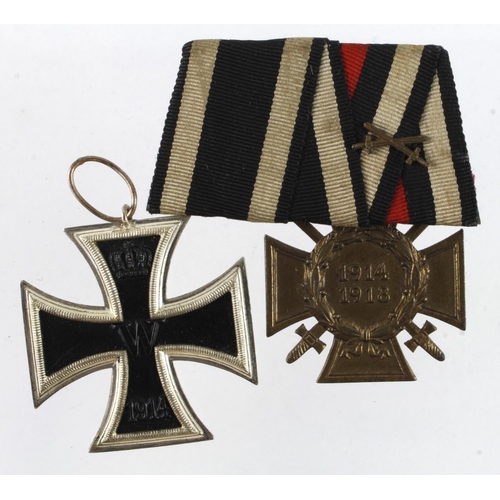 1095 - German WW1 Iron Cross 2nd class with cross of honour with cross swords mounted for wearing.