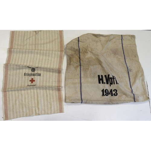 1110 - German WW2 Kriegsmarine Naval ships towel with German ration sack both bearing the 3rd Reich eagle.