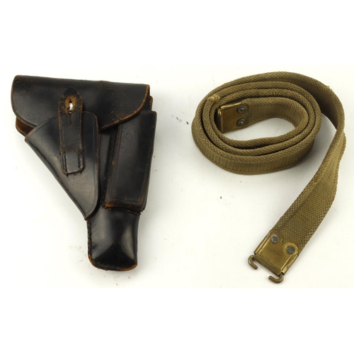 19 - Black leather Police Holster for the Walther P.P.Pistol and a Webbing No4 Rifle sling, both with ser... 