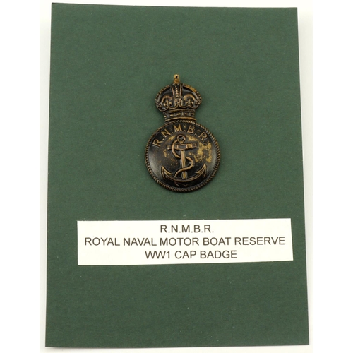 202 - Cap Badge: R.N.M.B.R. (ROYAL NAVAL MOTOR BOAT RESERVE) WW1 Blackened Brass Cap badge in excellent wo... 