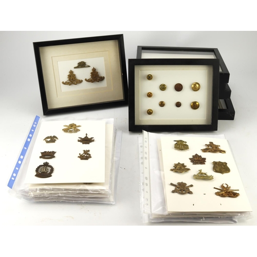 203 - Cap badges / few buttons / lapel badges, cloth odds.  Loose on boards and in small frames.  Needs vi... 