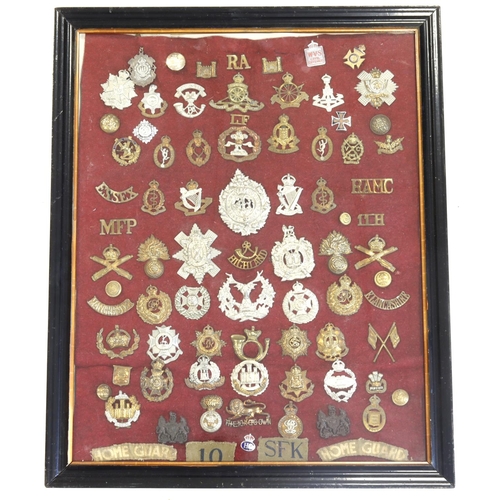 204 - Cap Badges / shoulder titles / collars / sweetheart badges old collection in frame  (Qty)