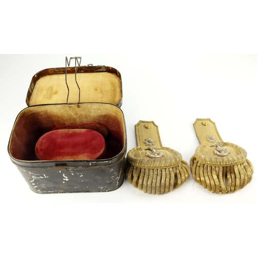 354 - Royal navy victorian dress epaulettes in named transporation tin, circa 1880s, with gold bullioned t... 