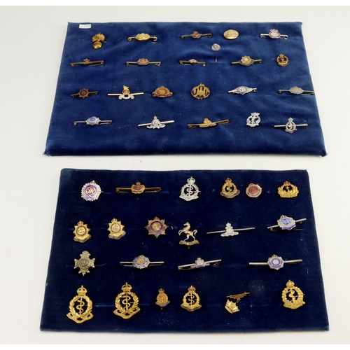 378 - Sweetheart and pin badges collection of approx forty four WW1 and WW2 mounted on blue velvet for dis... 