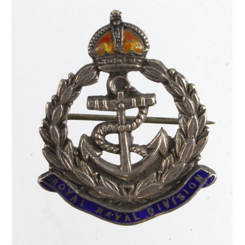 387 - Sweetheart pin badge, silver and enamel 'Royal Naval Division'.