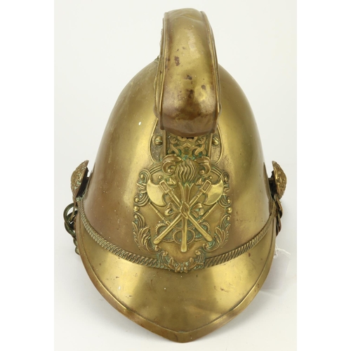 396 - Victorian / Edwardian brass Merryweather Firemans Helmet, with original chin strap and liner