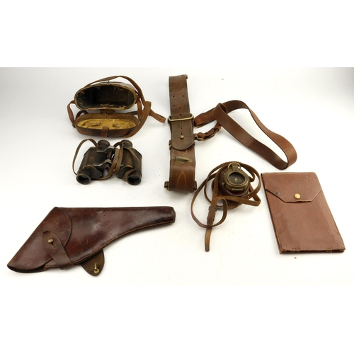 410 - WW1 1917 dated pocket compass in its brown leather case with pair of WW1 binoculars in their brown l... 