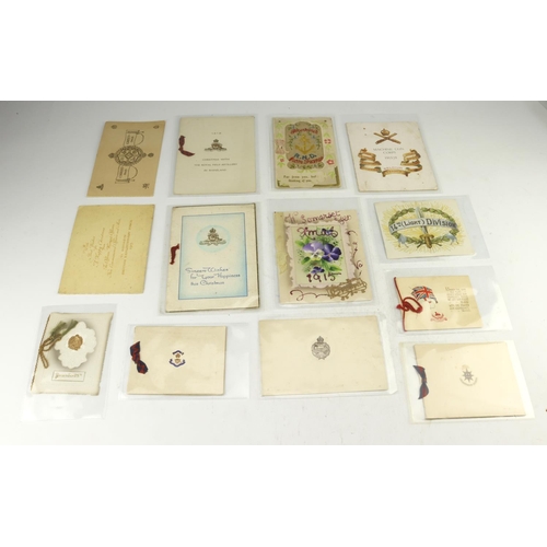 419 - WW1 collection of approx thirteen divisional Christmas cards including MGC, RND, RA etc.