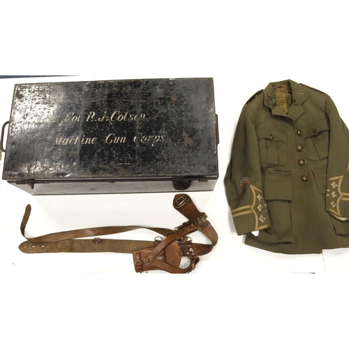 421 - WW1 cuff rank Officers Tunic, Captain, housed in large metal tin