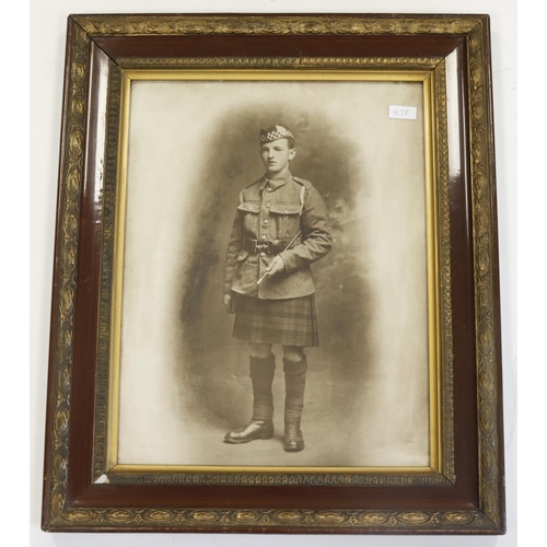 422 - WW1 framed large battlefield print with similar and two large framed portrait photos of WW1 Scottish... 