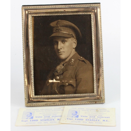 423 - WW1 framed photo of Capt Lord Stanley MC with two 1923 Fylde election cards (Stanley for the Fylde).