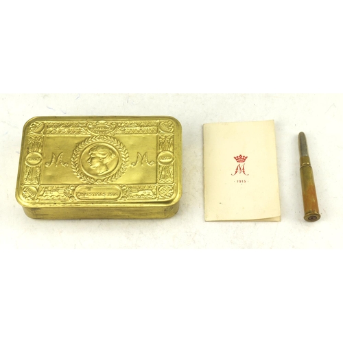 443 - WW1 Princess Mary 1914 Gift tin complete with original M marked bullet pencil 1915 gift card and pen... 