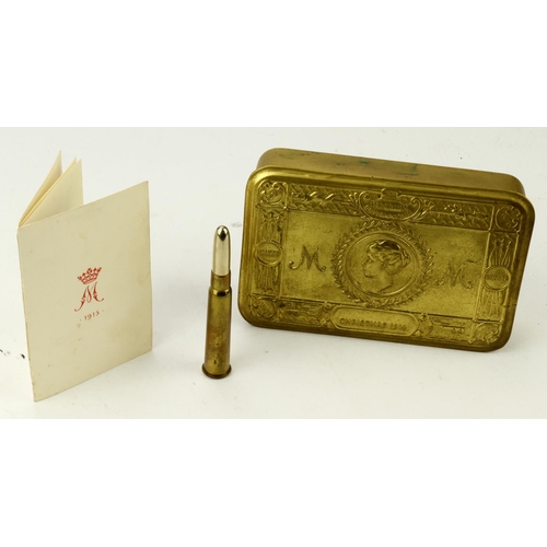 444 - WW1 Princess Mary 1914 gift tin with M marked bullet pencil and 1915 Mary gift card.