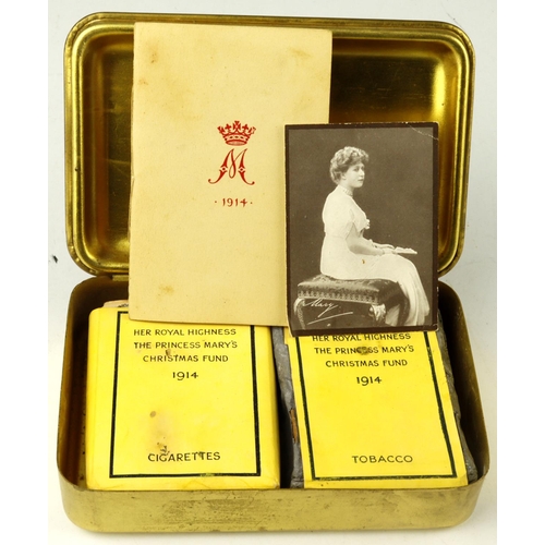 445 - WW1 Princess Mary 1914 gift tin with original unused packet of cigarettes and packet of tobacco with... 