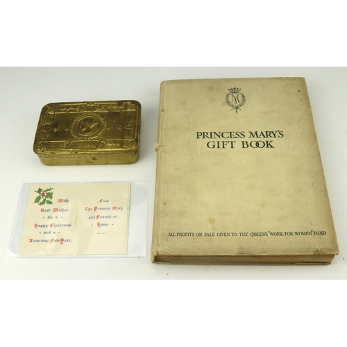 447 - WW1 Princess Mary gift book with 1914 Princess Mary brass gift tin and 1914 gift card.