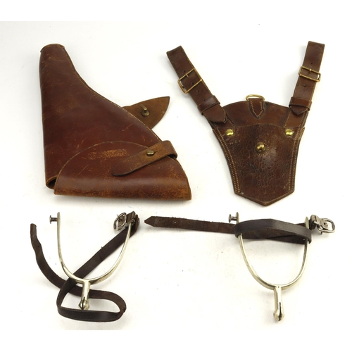 453 - WW1 scarce Cavalry officer’s sword frog for the Sam Brown with pair of spurs and a brown leather hol... 