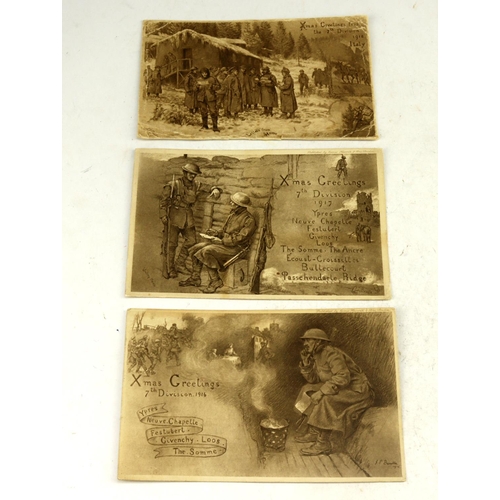 467 - WW1 Xmas cards from the 7th division 1916-1917, 3 of.