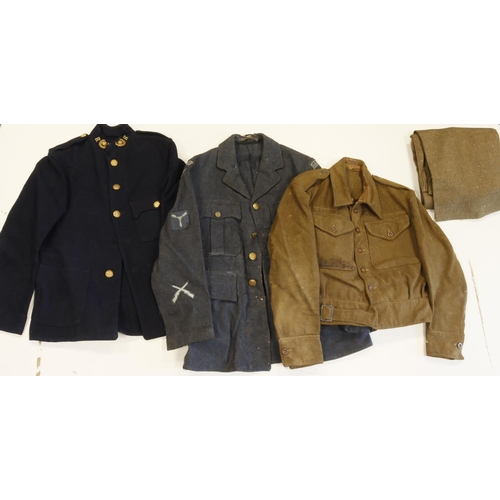 501 - WW2 uniforms including 1940 pattern battle dress blouse dated 1943, Pair of 1940 pattern battle dres... 