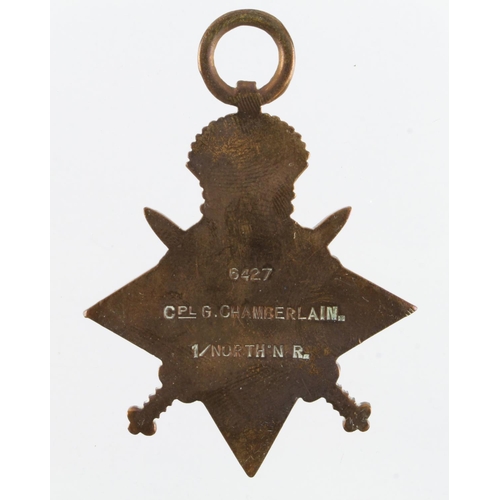 507 - 1914 Star (6427 Cpl G Chamberlain 1/North'n R) entitled to the Aug-Nov clasp, Killed in Action 14/9/... 