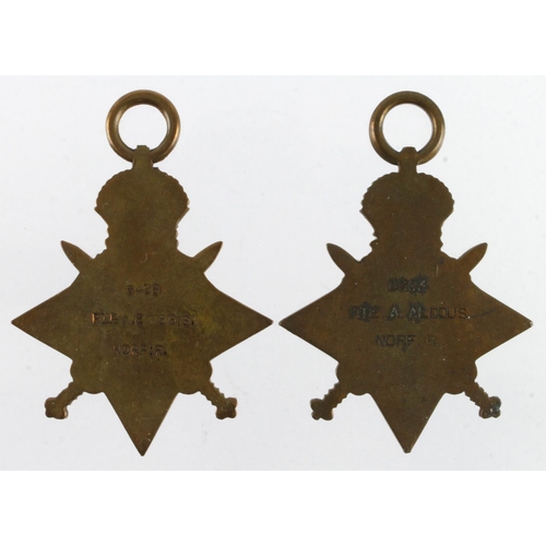 508 - 1914 Star (6429 Pte A E Regis Norfolk Regt). And a 1915 Star (8203 Pte A Aldous Norfolks)  (1+1)