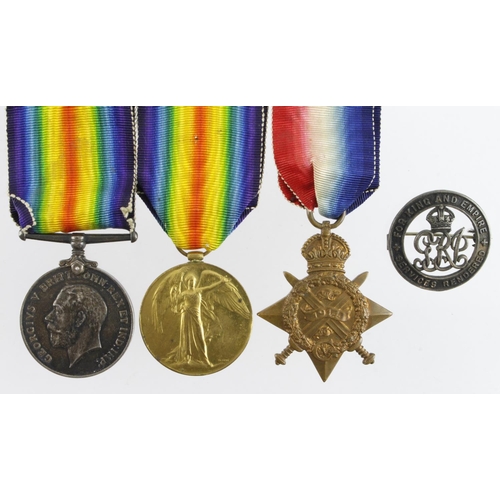 510 - 1914 Star Trio (MS-3365 Pte A Whitaker ASC) with Silver War Badge 309321. Served 2nd I.C.S.C.