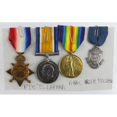 519 - 1915 Star Trio (10421 Pte T Lapham R.IR.Fus) and silver hallmarked school medal (David Fayers Collec... 