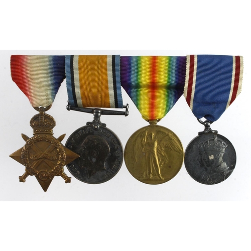 525 - 1915 Star Trio (1691 Pte C Butcher Essex R) 1937 Coronation Medal. Served 5th Bn. Later MFP.  (4) (D... 