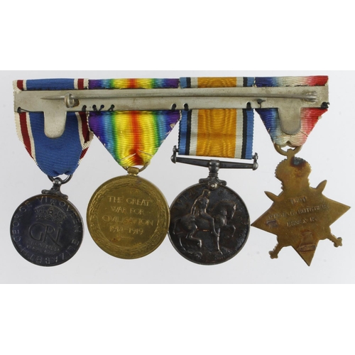 525 - 1915 Star Trio (1691 Pte C Butcher Essex R) 1937 Coronation Medal. Served 5th Bn. Later MFP.  (4) (D... 