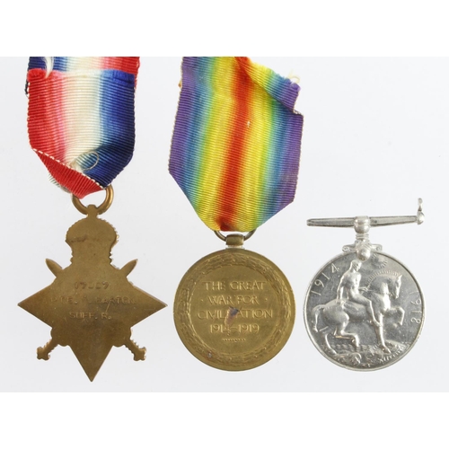 526 - 1915 Star Trio (17007 Pte B Barton Suffolk R) suspender damaged to BWM. With copied research. Born W... 