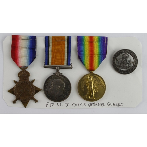 528 - 1915 Star Trio (18567 Pte W J Coles G.Gds) with Silver War Badge 190175 (David Fayers Collection)