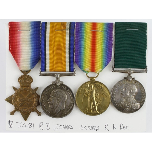 533 - 1915 Star Trio (3481B R B Soanes SMN RNR) and GV RNR LSGC Medal (B.3481 R B Soanes RNR).  Born Beccl... 