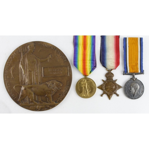 553 - 1915 Star Trio and Death Plaque for C.1793 Frederick Bowman SMN RNR, Killed 22nd Sept 1914 HMS Abouk... 