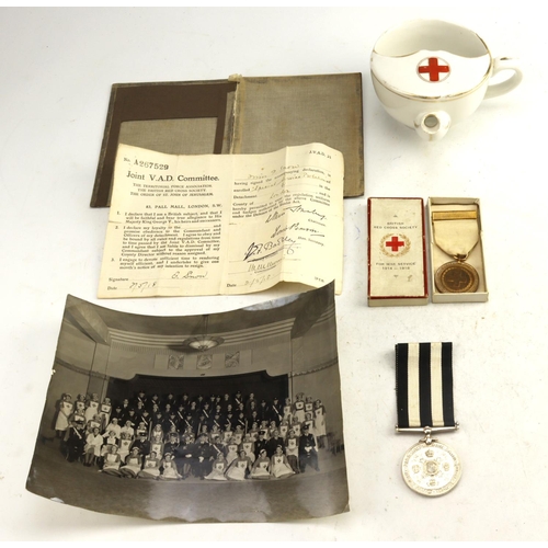 585 - BRCS related items including boxed medal for war service 1914-1918, St Johns Service medal named to ... 