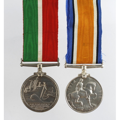 595 - BWM & Mercantile Marine Medal (silvered) named (Charles Coles). Born Highbridge, Somerset  (2)