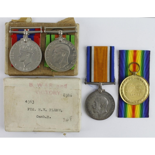 615 - BWM & Victory Medal (4363 Pte H V Plume Camb R) with boxed Defence & War Medal RAOC for his son (?) ... 