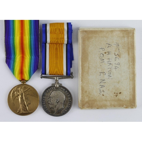 627 - BWM & Victory Medal (F.5694 A H Hatton P.O.M. RNAS)  (David Fayers Collection)