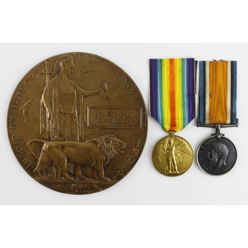 634 - BWM & Victory Medal + Death plaque for (17691 Pte Edward Cecil De-Pomeroy RFC). Died of Wounds 26/2/... 