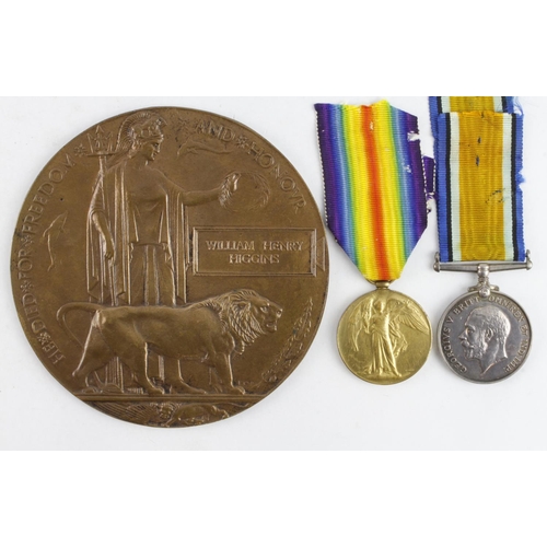 636 - BWM & Victory Medal + Death Plaque for 12119 Cpl William Henry Higgins 32nd Kite Balloon Section RAF... 