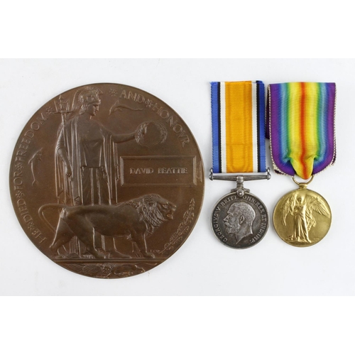 637 - BWM & Victory Medal + Death Plaque for 29141 Pte David Beattie 6th/7th Bn Royal Scots Fus. Killed in... 