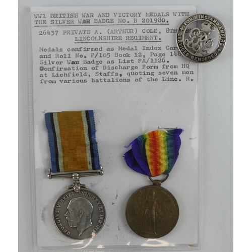 640 - BWM & Victory medals 26437 Pte A Cole Linc R plus Silver War badge B201980 Arthur Cole served 8th Bn... 