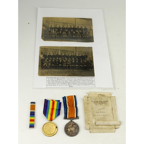 641 - BWM & Victory medals to F12797 J P Brown C.F.C.3 RNAS. Comes with two group photos, medal box etc.