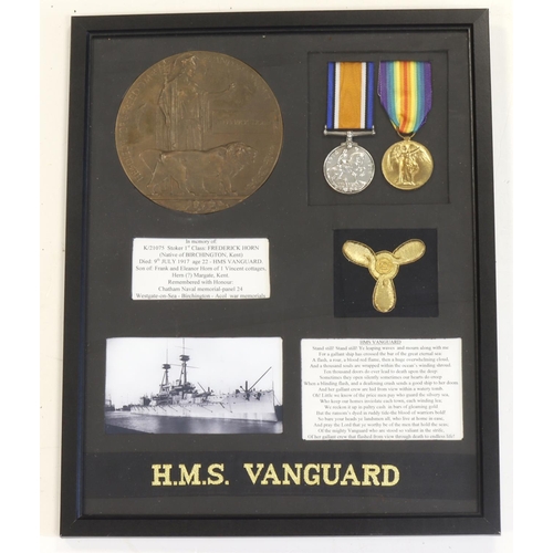 642 - BWM & Victory medals with Memorial plaque, photos etc in modern frame to K/21075 Stoker 1st class Fr... 